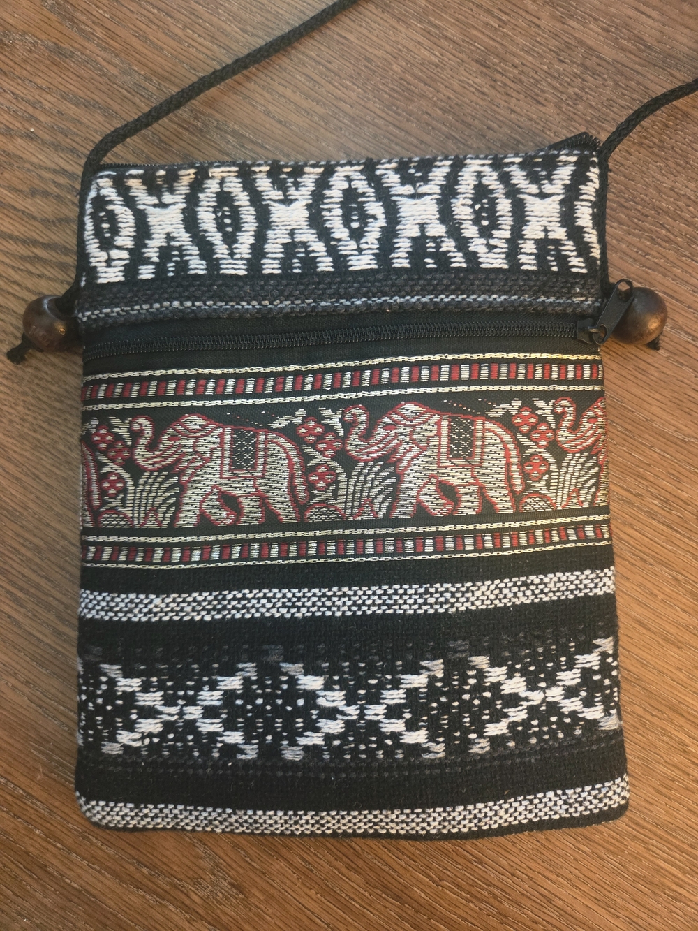 Black & White Woven Elephant Crossbody Bag with Red and Gold Accents